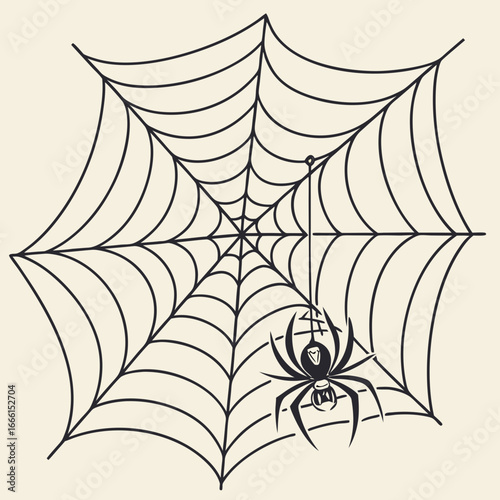 Illustration of a spider hanging from a web with a hourglass on its abdomen in a simple black outline