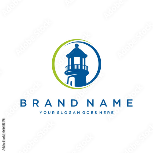 A stylish circular vector illustration of a lighthouse icon, designed as a minimalist nautical logo symbol, perfect for coastal business identity, and maritime navigation concepts.