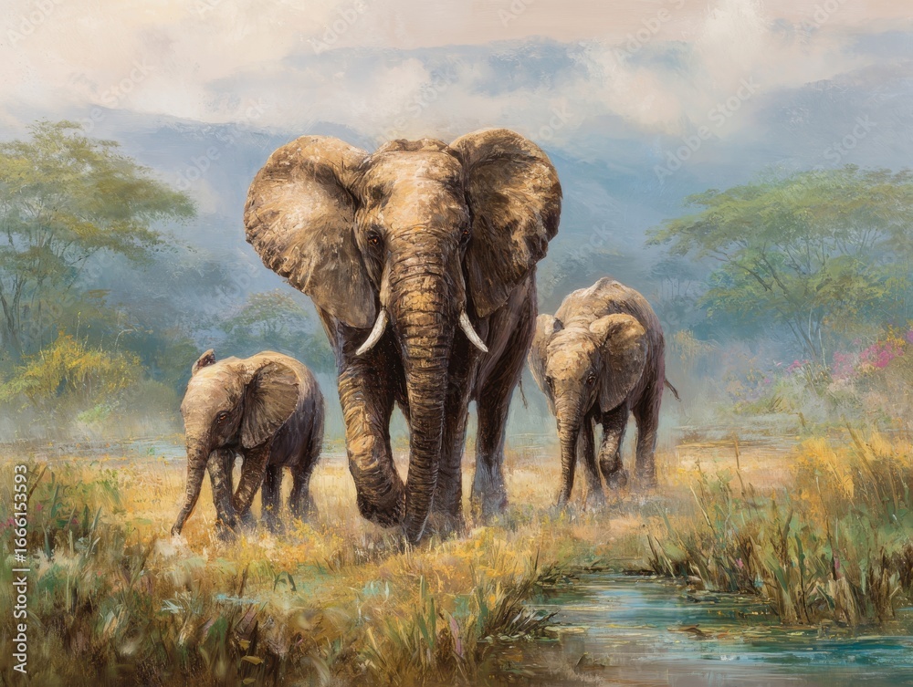 Fototapeta premium Elephant Family Frolic: Majestic Adult with Playful Calves in Lush Savannah Paradise