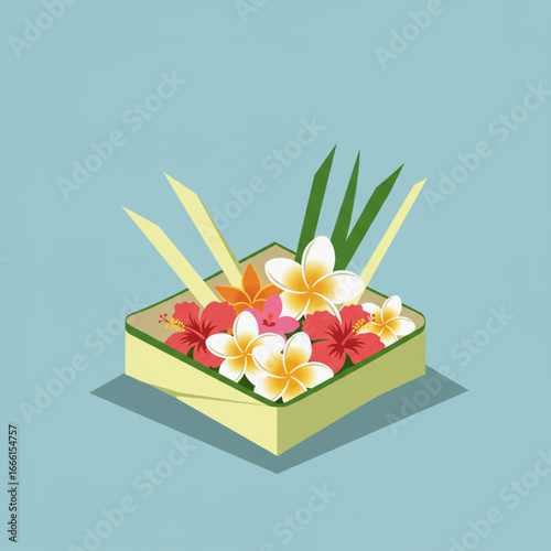 Balinese Canang Sari offering with flowers and leaves on a blue background.