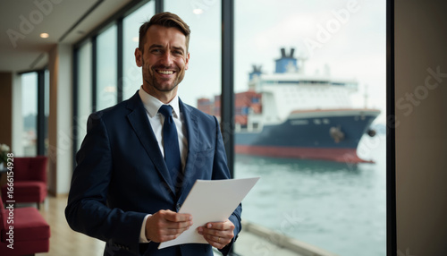 Confident businessman in a suit holding documents at a harbor with a cargo ship in the background.