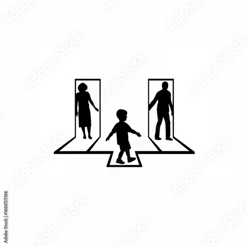 Child left behind parents departing in opposite directions silhouette isolated on white background