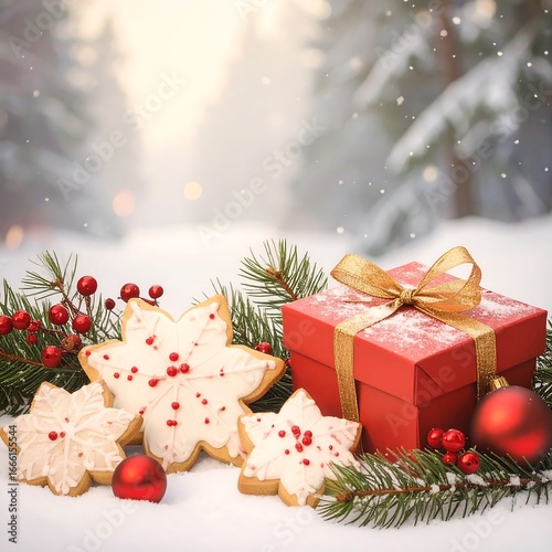 Festive Christmas scene with decorated cookies, a gift box, and pine branches in the snow.