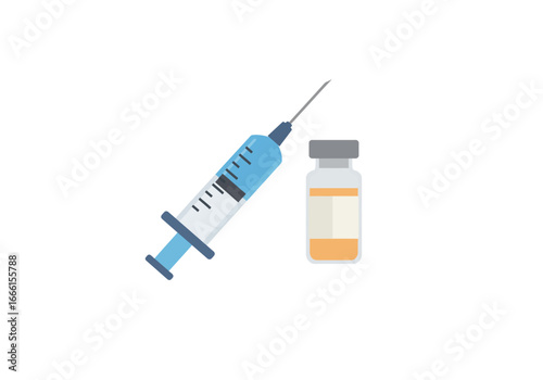 A blue and white syringe lies next to a vial of orange liquid