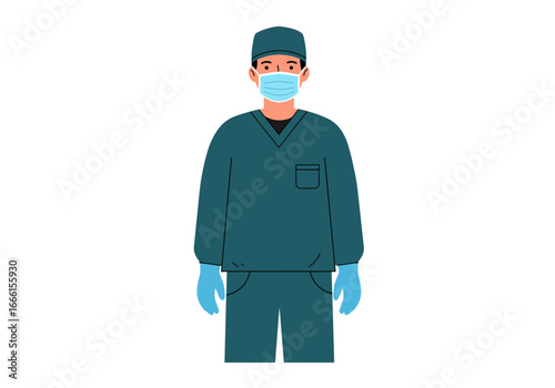 A doctor in a teal uniform wearing a blue mask and gloves
