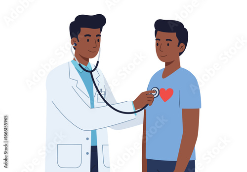 A doctor uses a stethoscope to listen to the heart of a male patient