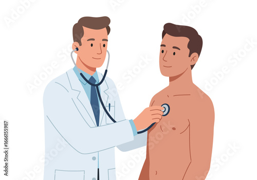 A doctor in a white coat examines a shirtless patient with a stethoscope