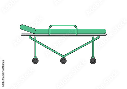 A green medical stretcher has three wheels a gray frame and a raised headrest