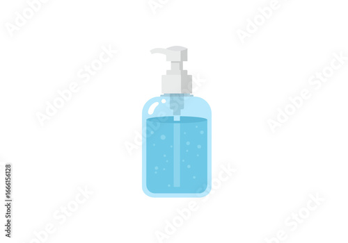 A hand sanitizer bottle filled with light blue liquid and bubbles stands on a white surface