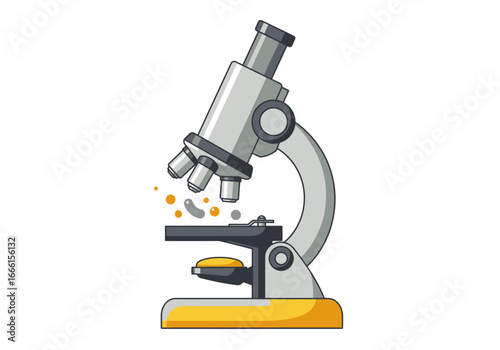 A grey microscope with three objective lenses yellow base and some liquid details
