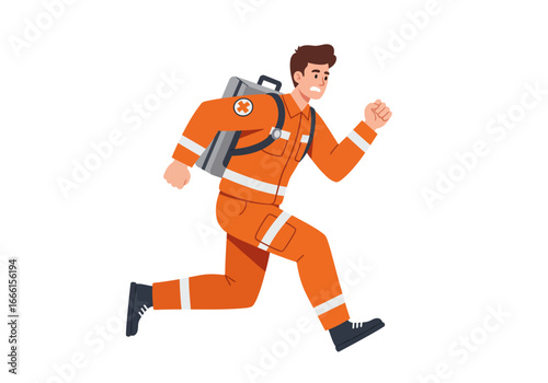 A man in an orange uniform runs with a medical bag on his back