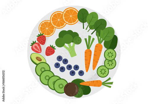 A plate shows colorful produce orange slices strawberries avocado kiwi blueberries broccoli carrots spinach and cucumber