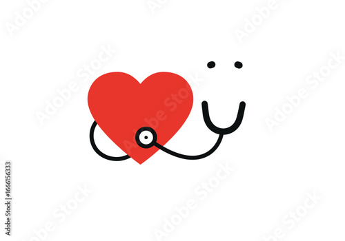 A red heart is encircled by a black stethoscope creating a symbolic representation of cardiac health and medical examination
