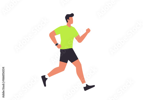 A stylized cartoon figure of a man in sportswear running