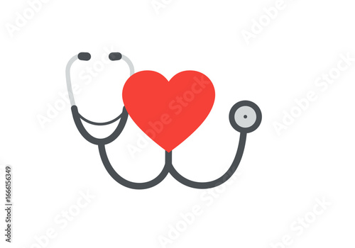 A stylized drawing depicts a red heart entwined with a grey stethoscope