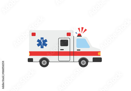 A side view of an ambulance with a blue Star of Life red stripe and flashing red siren on a white background