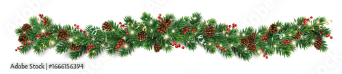 Horizontal Christmas garland with pine cones, fir branches, holly berries, glowing lights, and ribbons. Perfect for holiday banners, cards, and party posters. Transparent background in vector file.