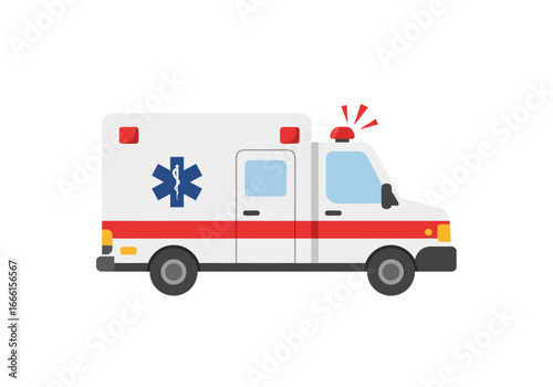 Ambulance with blue Star of Life red stripe and flashing lights on white background