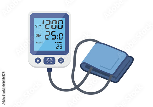 An electronic blood pressure monitor with a cuff displays readings