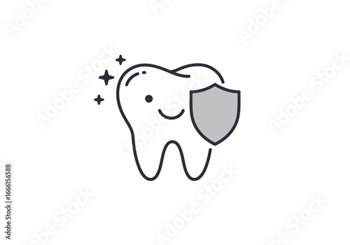 An illustrated tooth with a shield sparkle marks and a small smiling face