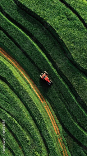 Aerial view of a red tractor traversing curved, verdant rice terraces