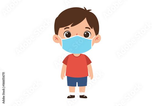 Cartoon boy with brown hair and eyes wearing a blue face mask red shirt and blue shorts