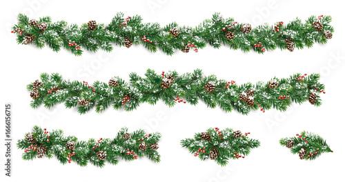 Horizontal Christmas garland with snowy fir branches, pine cones, and holly berries. Festive design for winter banners, cards, invitations, and seasonal posters. Transparent background in vector file.