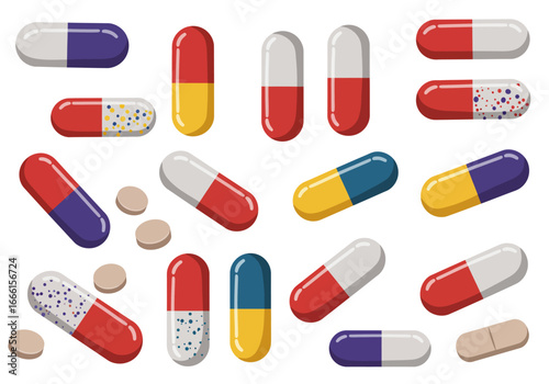 Capsules and tablets arrayed against a white background displaying various colors and designs
