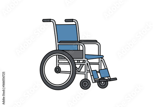 Blue wheelchair with gray frames black wheels and footrest