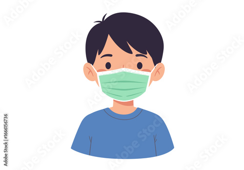 Cartoon image of a person with a mask dark hair and blue shirt