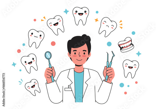 Cartoon dentist holds tools surrounded by teeth stars and spheres