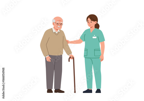 Elderly man with cane assisted by a healthcare worker in scrubs