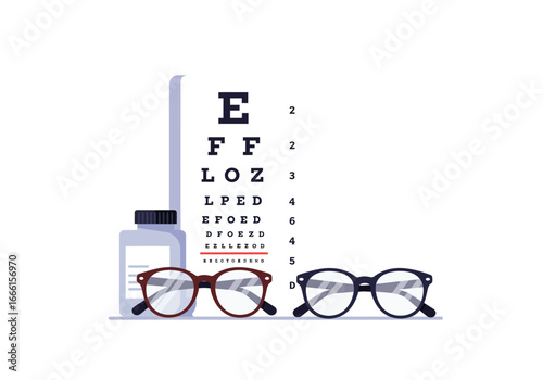 Eye exam illustration with glasses chart and medicine bottle