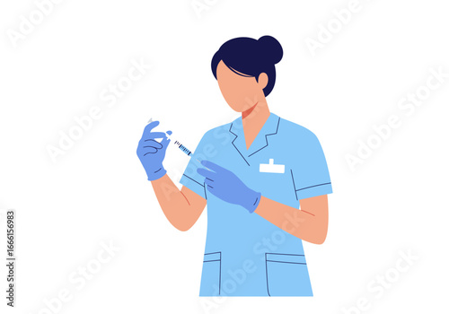 Faceless medic in blue uniform and gloves preparing an injection with a syringe against a white backdrop