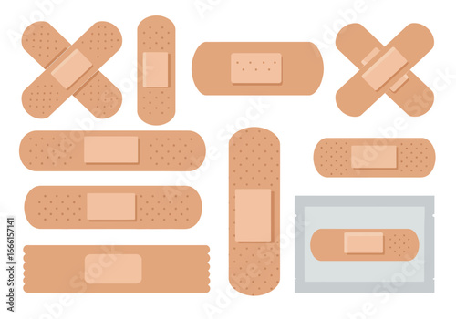 Image displays assorted bandaids including crossshaped long and individually packaged all in a cartoon style
