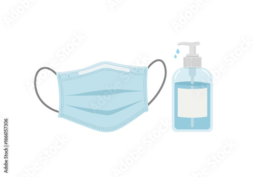Mask  hand sanitizer blue disposable mask and transparent pump bottle with droplets