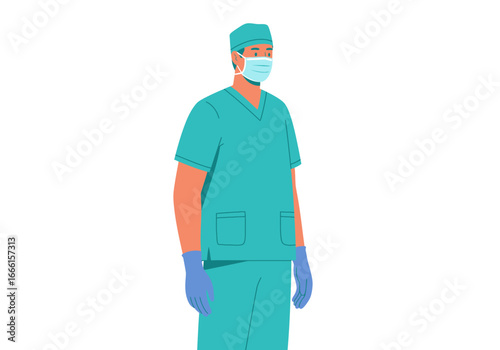 Medical professional in teal scrubs mask cap and gloves stands against a white background