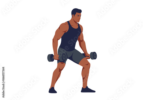 Muscular man lifting dumbbells wearing a tank top and shorts