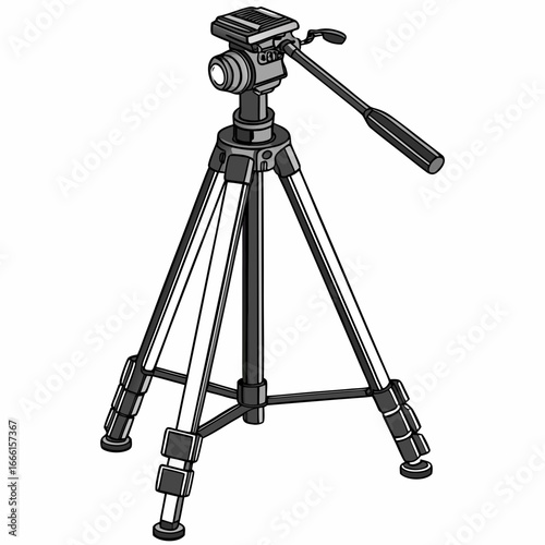 A detailed illustration of a professional camera tripod with a fluid head and adjustable legs on a white background