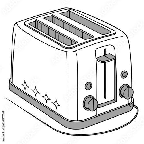 A clean line art illustration of a modern four slice toaster with decorative star accents