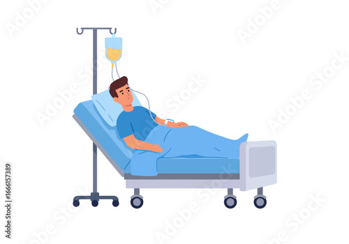 Patient lying in a medical bed with an IV drip attached to their arm