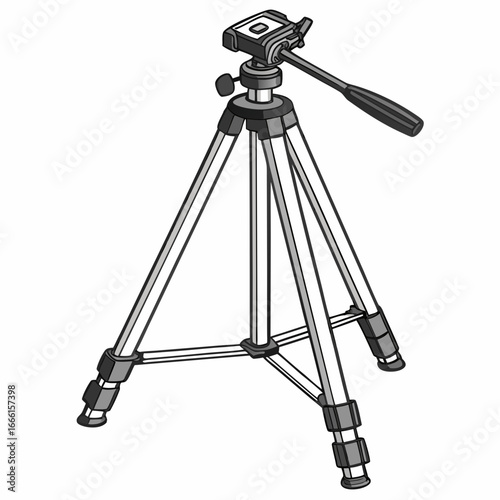 A simple black and white illustration of a portable camera tripod with adjustable legs and a pan tilt head