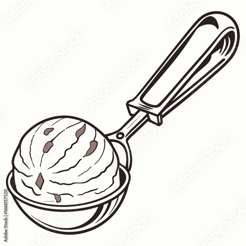A stylized illustration of a scoop of vanilla ice cream with chocolate chips held in an ice cream scoop