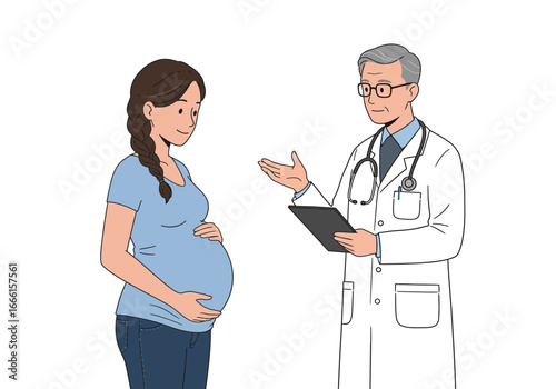 Pregnant woman talking to doctor who is holding a clipboard