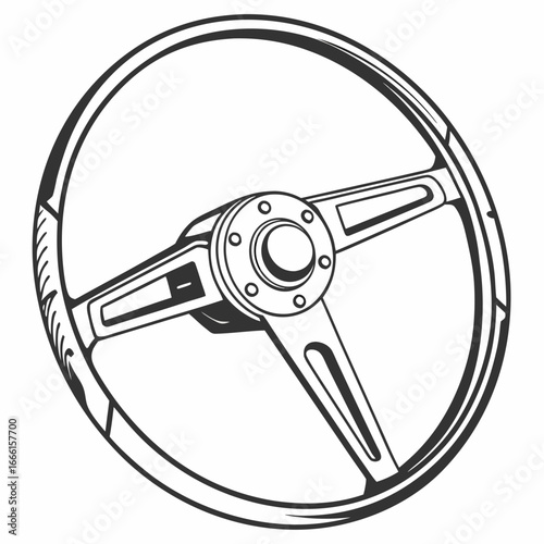 Classic vintage car steering wheel in a detailed line art illustration style