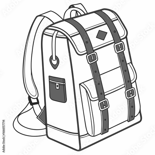 Classic vintage style backpack with buckle straps and front pocket in a simple line art drawing