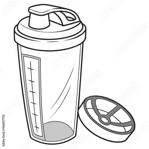Clear plastic shaker bottle with measurement markings and detached mixing ball lid on white background