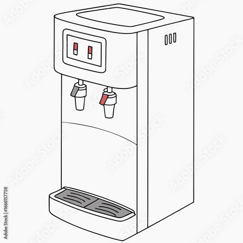 Clean line drawing illustration of a modern white water cooler with two spouts and a drip tray