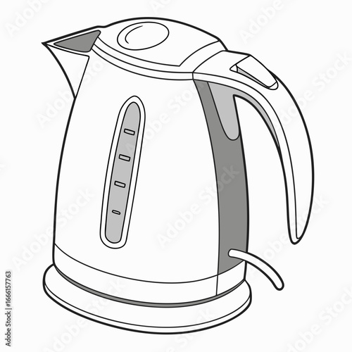 Clean line art illustration of a modern electric kettle with a water level indicator and power cord
