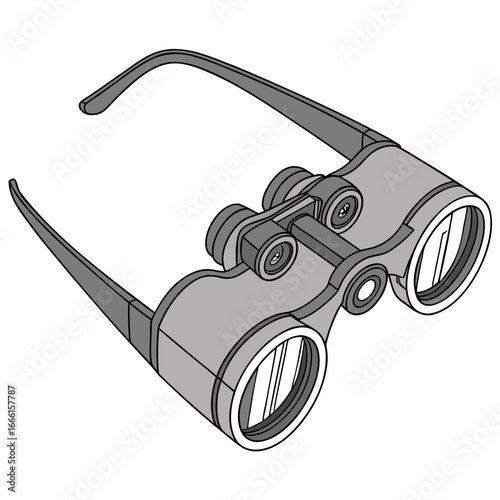 Close up illustration of modern opera glasses with grey frames and lenses on a white background